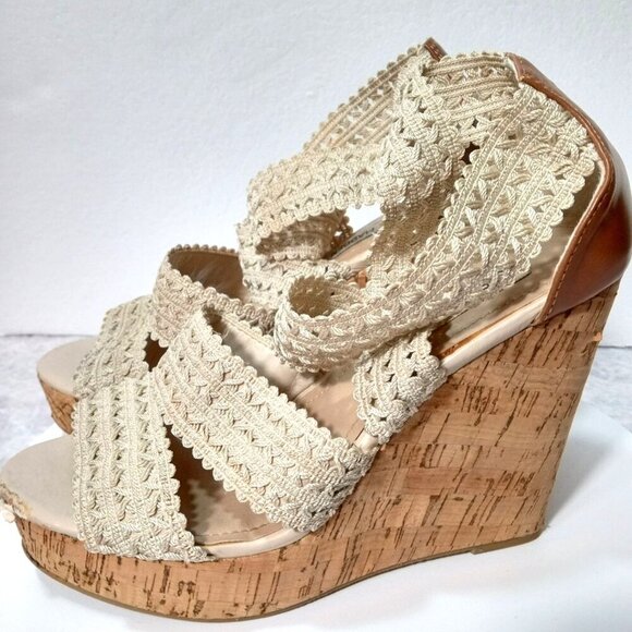 Steve Madden Beige Cork Woven Fabric Edelle Platform Sandals Size 8 - Picture 3 of 16
